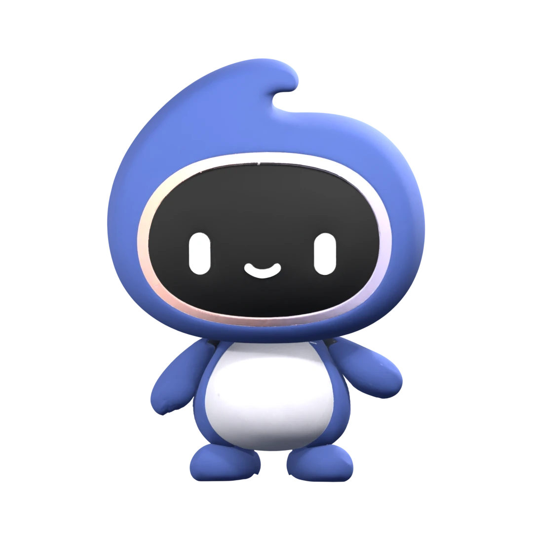 Snoramon, la mascota de Snora: redonda y azul, con una cara como una pantalla, la barriga clara y un mechón rizado.